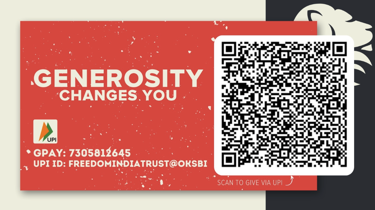 Scan to give via UPI — GPay 73058 12645, UPI ID freedomindiatrust@oksbi